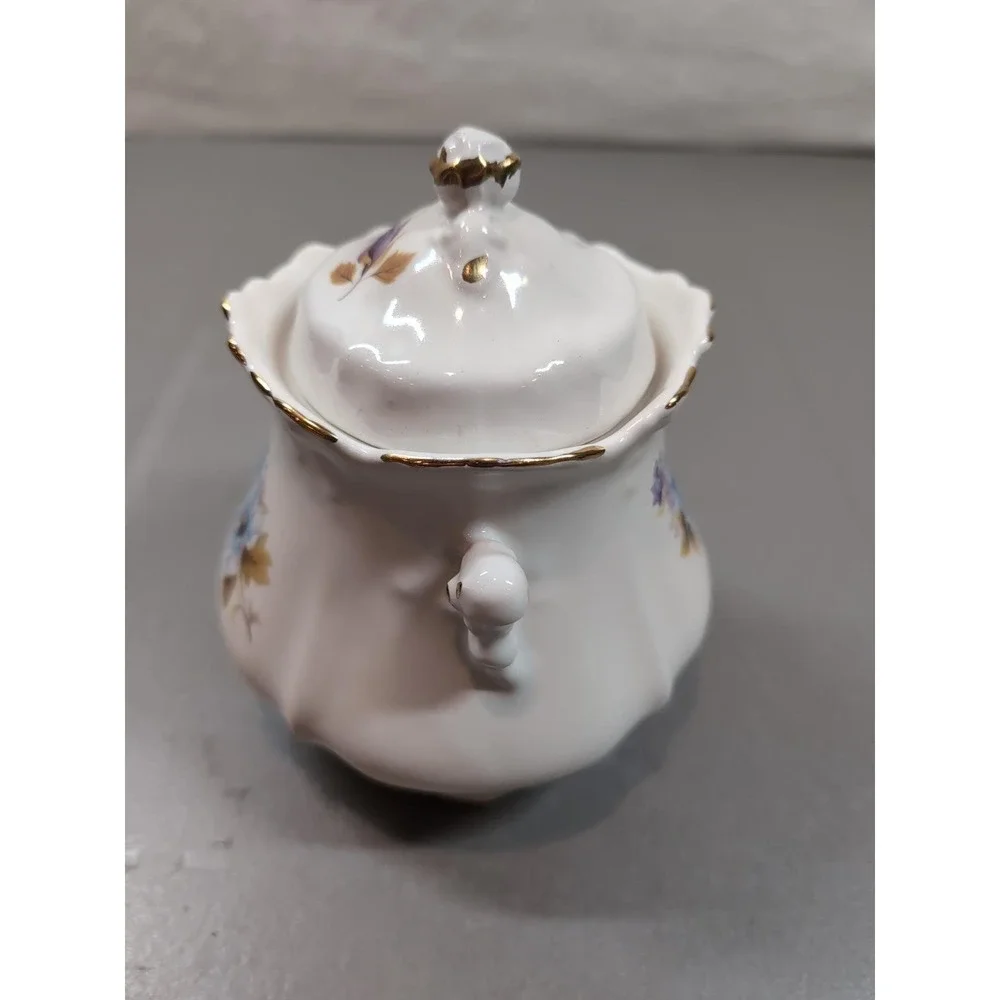 Vintage Porcelain Covered Sugar Bowl Floral Blue Purple Gold Trim Scalloped Edge